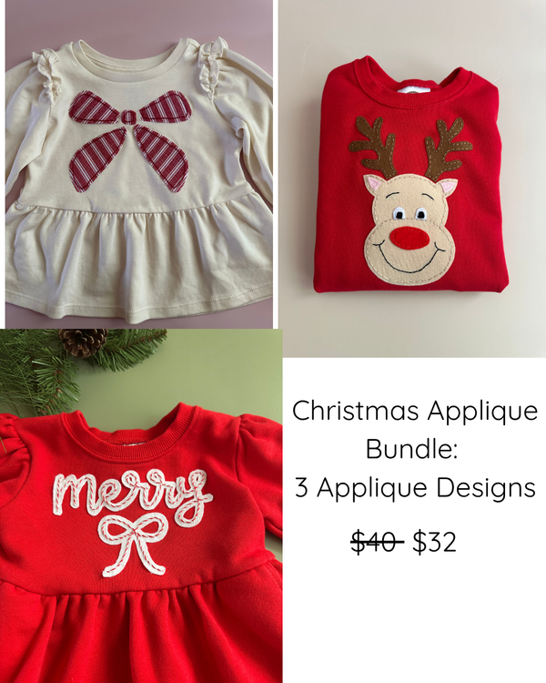 Kids Christmas applique shirt bundle with bow, reindeer, and 'Merry' designs