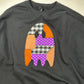 Dark gray crewneck sweatshirt with patchwork applique ghost graphic