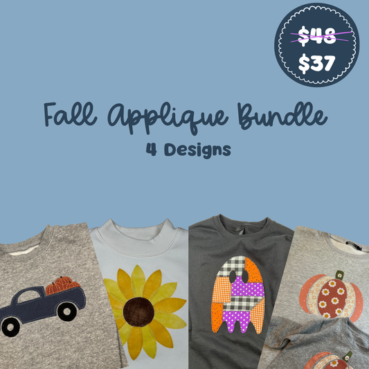 Four fall applique T-shirt designs: truck, sunflower, cat, and pumpkin accents