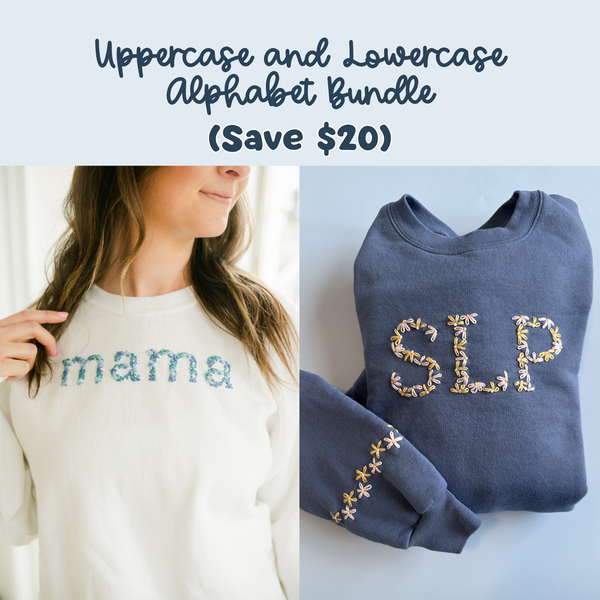 Daisy alphabet embroidery design bundle with uppercase and lowercase daisy letters