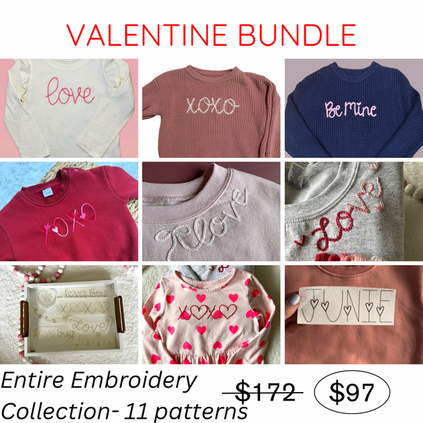 Valentine embroidery bundle with heart and XO designs on multiple shirts and tops