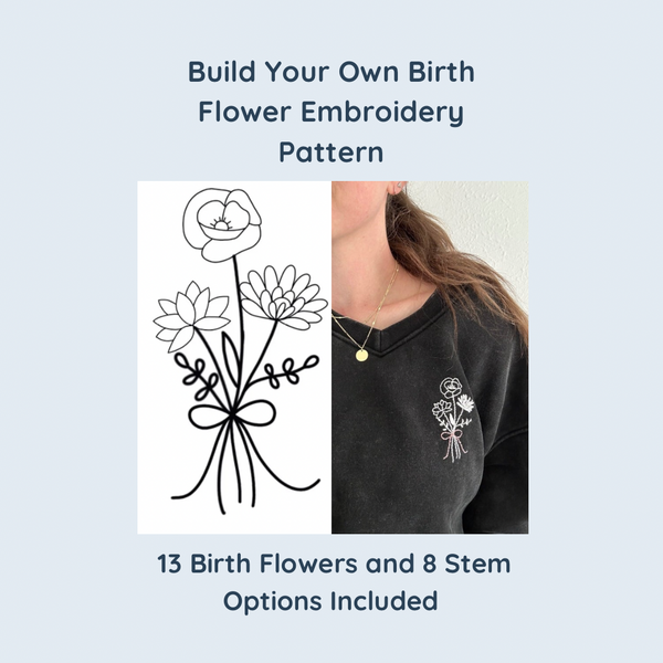Embroidery pattern preview: outline birth-flower bouquet with 13 flower and 8 stem options